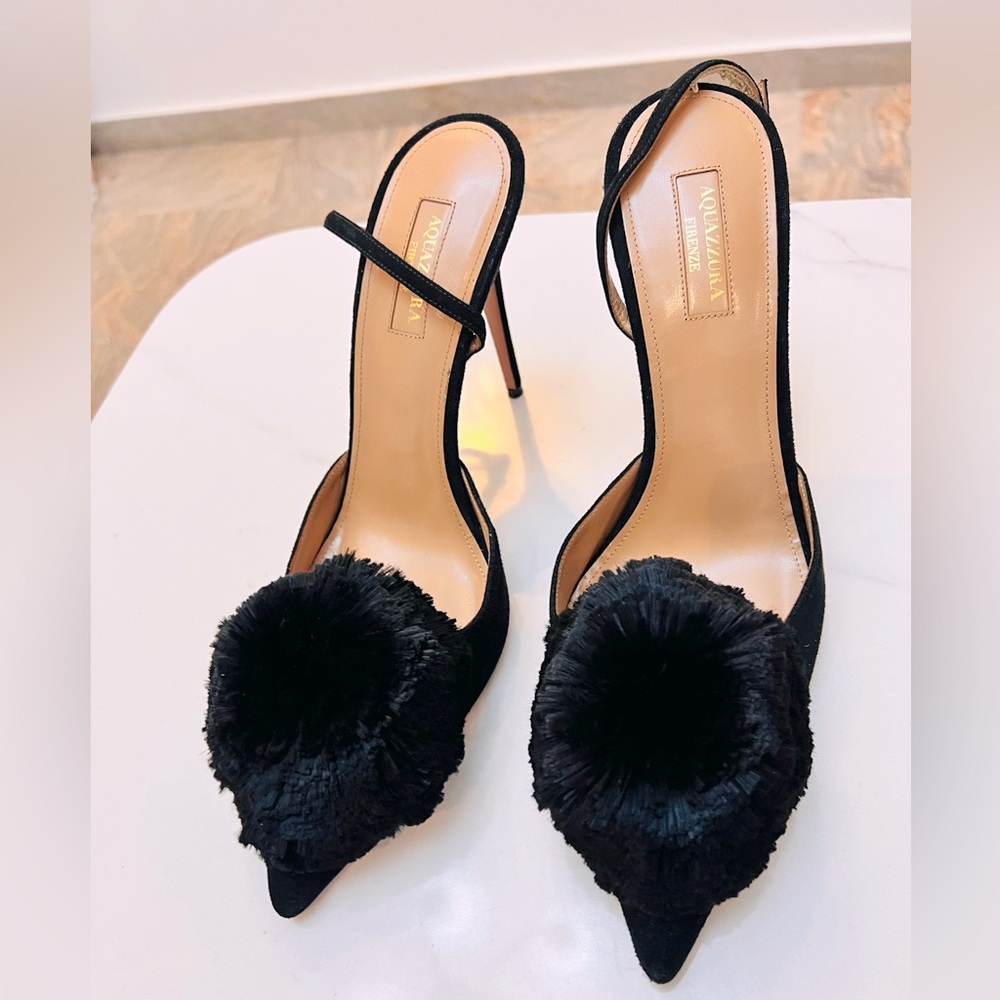 Aquazzura Black Heels with Pom Pom Accent